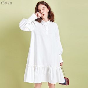 Artka Lente Vrouwen Jurk 100% Katoen Retro Elegante Losse Jurken Casual Lange Mouw Wit Shirt Jurk Vrouwen LA25200C