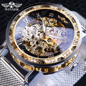 Winnaar Business Mechanische Horloges Mannen Rhinestone Golden Skeleton Rvs Mesh Band Mannelijke Klok Relogio Masculino