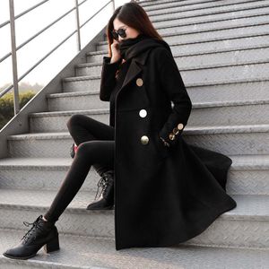 Koreaanse Vrouwen Zwarte Wollen Jas Herfst Winter Lange Slanke Bouble Breasted Uitloper Vrouwelijke Wollen Overjas Jacket Y600