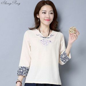 vintage chinese stijl katoen linnen shirts o hals dagelijks causale shirts blouse hanfu bloemen borduren vrouwelijke lady V1810