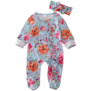 Leuke Pasgeboren Baby Meisjes Jongens 0-6M Footies Bloemenprint Lange Mouwen Ruches Single Breasted Playsuit Hoofdband Kleding outfits