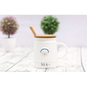 Marine Bio Keramische Mok Met Lepel Deksel, scandinavische Stijl Witte Cup Hout Cover Mokken Drinkware Koffie Thee Kopjes