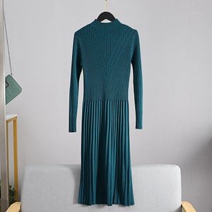 Gigogou Chic Lange Gebreide Maxi Vrouwen Trui Jurk Dikke Warme Winter Geplooide Jurk Vrouwelijke Rib Coltrui Een Lijn Jurk Kantoor lady