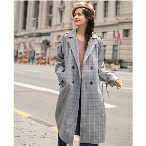 Inman Voorjaar Lente Herfst Revers Losse Met Riem Retro Plaid Lange Sectie Vrouw Trenchcoat