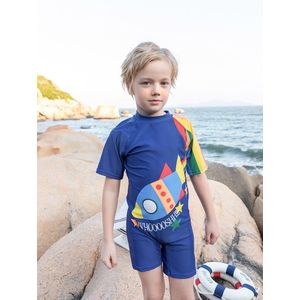 Print Rocket Blauw Een Stuk Badpak Jongens Regenboog Mouw Rits Badmode Kinderen Met Badmuts Beach Badpak Kids