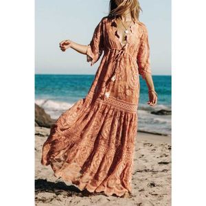 Boho Geïnspireerd Roze Kant Bikini Cover Ups Dress V-hals Zomer Jurk Elastische Taille Vrouwen Strand Jurk Kimono Mouwen jurk