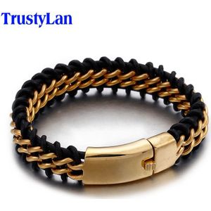 Trustylan Goud Kleur Roestvrij Staal Lederen Armband Mannen 18 Mm Breed Heren Lederen Armbanden Sieraden Polsband