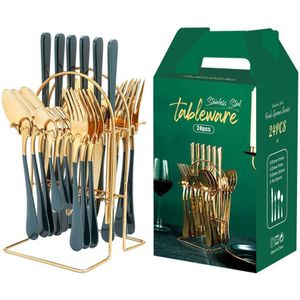 24Pcs Houten Doos Bestek Set Rvs Servies Mes Vork Lepel Luxe Bestek Set Geschenkdoos Bestek Vaatwasser veilig