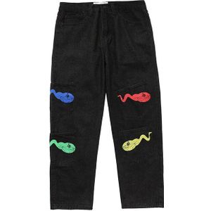 High Street Kikkervisje Print Multi-Zakken Graffiti Jeans Broek Mannen En Vrouwen Straight Oversize Ripped Hip Hop Denim Broek