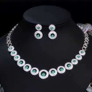 Cwwzircons Groene Kubieke Zirkoon Steen Grote Ronde Oorbellen En Ketting Mode Bruids Sieraden Set Prom Party Dress Accessoires T444