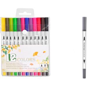 12 Kleuren Dual Tip Borstel Marker Pennen Fineliner Aquarel Art Markers Kalligrafie Kleurplaten Tekening Art Supplies Met Marker Pen