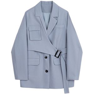 [Eam] Vrouwen Blauw Onregelmatige Split Jointblazer Revers Lange Mouwen Loose Fit Jas Mode Tij Lente Herfst 1Y836