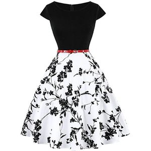 Zomer 1950 s 60 s Vintage Retro Vrouwen Jurk Korte Mouw Polka Bloemen Patchwork Party Vestido Elegante EEN Lijn zwarte Jurken