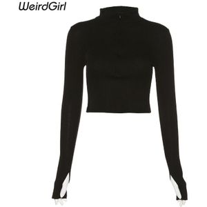 Vrouwen Coltrui Gebreide Shirt Lange Mouw Casual Mode Trui Rits Vrouwelijke Harajuku Korte Stretchy Tops