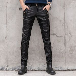 Mode Mannen Broek Faux Lederen Jeans Spliced Denim Broek Mannelijke Stretch Slim Fit Punk Podium Zanger Motorfiets Casual Broek mannen