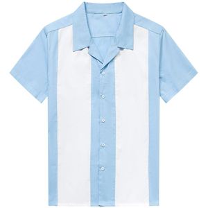 Blouse Mannen Blauw Witte Verticale Gestreepte Shirt mannen Shirts Korte Mouwen Button-Down Jurk Camiseta Retro Hombre bowling
