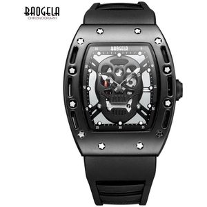 Heren Lichtgevende Zwarte Siliconen Band Leger Schedel Rechthoek Dial Gezicht met Sterren Quartz Horloges BGL1612G-2