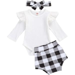 0-18M Baby Meisjes Geribbelde Gebreide Kleding Sets Baby Meisjes Ruches Lange Mouw Romper Tops + Plaid Gedrukt shorts + Hoofdband Outfits