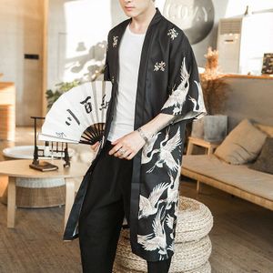 Grote Maat 5XL Mannen Lange Kimono Vest Crane Print Samurai Kostuum Kleding Mannelijke Toevallige Bovenkleding Zomer Cosplay Streetwear