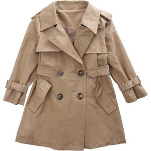 Meisje Kid Revers Double Breasted Uitloper Trenchcoat Lange Windjack Kleding Fall Effen Kleding School Outfits