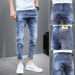 Denim Jeans Heren Zomer Dunne Ripped Gat Koreaanse Elastische Zelfontplooiing Voeten Casual Licht Gekleurde Enkellange potlood Broek