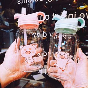 Creatieve Cartoon Water Fles Stro Glas Leuke Kleine Verse Hydro Kolf Transparante Drinkbeker Drinkware Crystal Water Flessen