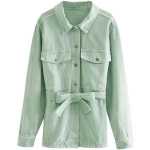 Cfk & Studio Vrouwen Denim Jas Met Turn-Down Kraag Knop Gratis Riem Toevallige Losse Oversized Groene Jas