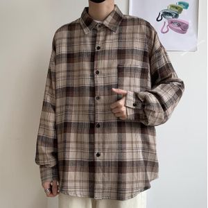 Japanese Vintage Lattice Men Shirt Brown Loose Shirt Men Casual Long Sleeve Camisa High Street Mens Clothing Large Size MM60NCS
