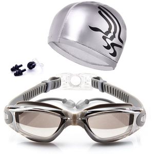 Volwassen Zwemmen Bril Kit Coated Lens Anti Fog Zwembril + Cap + Case + Neus Clip + Oordopjes EDF88