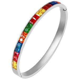 Luxe Glanzende Vierkante Rainbow Crystal Roestvrij Staal Bangle Armband Mode Kleurrijke Kubieke Zirkoon Armbanden Voor Vrouwen