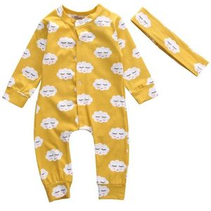 Lente Herfst Pasgeboren Jongen Meisjes Lange Mouw O-hals Bedekt Knop Cartoon Print Geel Romper Jumpsuit Hoofdband 2 Stuks 0-18M