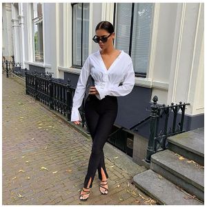 Vrouwen Split Vooraan Slim Fit Broek Effen Kleur Hoge Taille Stretch Broek Elegante Vrouwen Mode Office Broek Street Wear