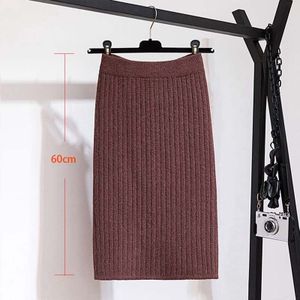 60-80 Cm Elastische Band Vrouwen Rokken Herfst Winter Warm Gebreide Rechte Rok Geribbelde Geribbelde Mid-Lange Rok zwart