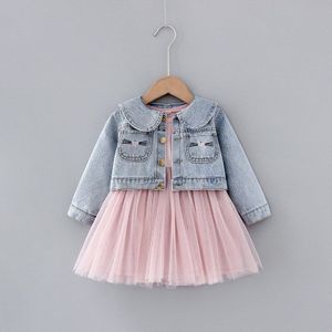 Meisje Jurk Herfst Kat Denim Jas Gaas Jurk Set Pluizige Prinses Kleding Meisjes Leuke Lange Mouwen Jurk Baby Kleding pak