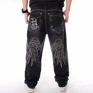 Mannen street dance hiphop Jeans Mode borduren Zwart Losse board Denim broek Totale Mannelijke Rap Hip Hop Jeans Plus Size 30-46