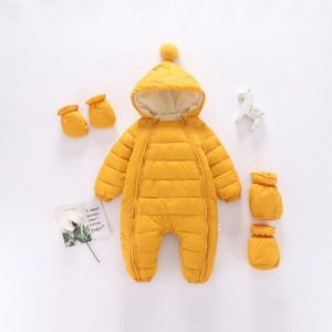 Winter Baby Baby Verdikte Romper Snowsuit Rits Donsjack Voor Meisjes Jongens Pompom Hooded Jumpsuit + Handschoenen + Sok 0-24M