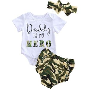 Zomer Drie Stuk Baby Meisje Kleding Verse Brief Korte Mouw Jumpsuit Camouflage Shorts Met Hoofdband