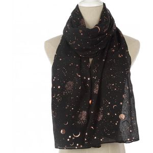 WINFOX Vrouwen Shiny Zwart Folie Gouden Ster Maan Sjaals Voor Dames