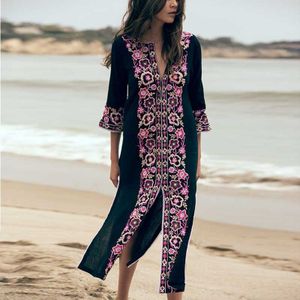 Boho Geïnspireerd Exotische Lange Boho Jurk Geborduurde Bloemen V-hals Split Sides Zomer Jurk Voor Vrouwen Midi Casual Strand Jurk