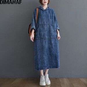 Dimanaf Plus Size Vrouwen Jurk Vintage Herfst Winter Denim Dikke Big Size Losse Hooded Lange Mouwen Vestidos Casual Jeans Jurk