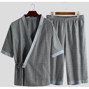 Incerun Gestreepte Mannen Pyjama Sets Half Mouw V-hals Nachtkleding Japanse Kimono Leisure Homewear Shorts Retro Pyjama Pak