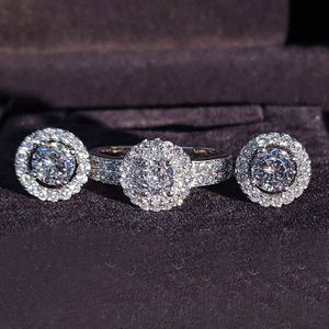 925 Sterling Zilveren Sieraden Set Halo Engagement Ring Ronde Stud Earring Voor Wedding Valentijnsdag Kerst J4927