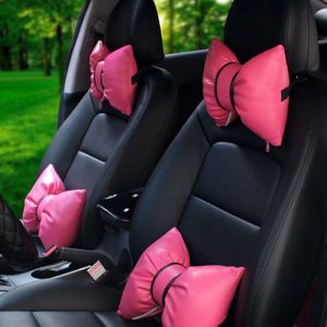 Leuke Strik PU Lederen Auto Nekkussen Taille Ondersteuning Kussens Auto Veiligheid Hoofdsteun Cover Roze Rode Auto Accessoires voor meisjes