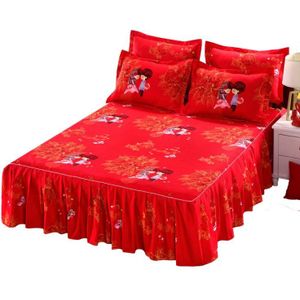 Dikkere Warme Rode Bruiloft Sprei Hoeslaken Kussenslopen 3pcs Solid Prinses Kant Beddengoed Bed rok King Queen Size