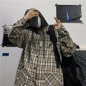 Camisa Lente Mode Koreaanse Ins Harajuku Stijl Retro Gecontroleerd Shirt Mannen Losse Lange Mouwen Tij Khaki