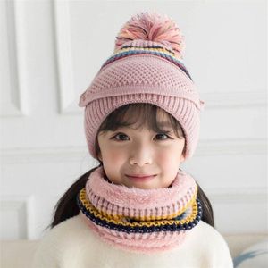 Meisjes Winter Gebreide Muts En Sjaal Set Kind Pluche Warm Pom Pom Cap Sjaals Met Masker Grote Kids Streep Circulaire sjaal Hoed 4-12T