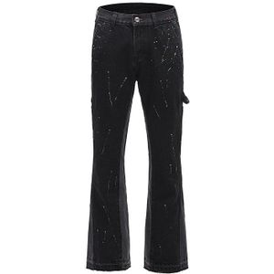High Street Retro Spotted Inkt Contrast Kleur Flared Jeans Broek Mannelijke Wijde Pijpen Plus Size Patchwork Ripped Denim Broek