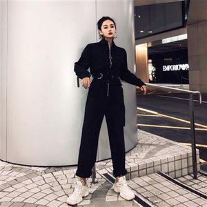 Zwart Herfst Rompertjes Womens Jumpsuit Met Riem Tas Vrouwelijke Hip Hop Harajuku Overalls Koreaanse Lange Mouwen Rits Jumpsuits