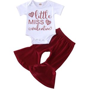 Peuter Kids Baby Meisje Valentijn Dag Kleding Set Korte Mouw Romper Top Uitlopende Fluwelen Broek/Rok 2 Stuks Outfits