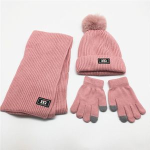 Kids Effen Sjaal Hoed Handschoen Set Faux Fur Pompom Set Fluwelen Fleece Zachte Voering Hoed Kinderen Beanie Mitten Winter Sets navy Roze